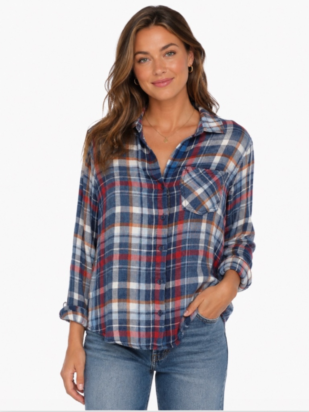 Bella Dahl Plaid Cotton Casual Relaxed Button Down Flannel Shirt Size Medium